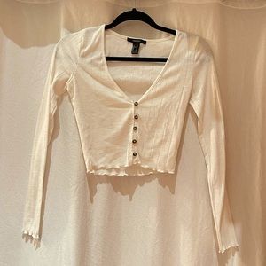 F21 Button Up Long Sleeve White Crop Top